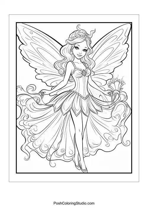 A fairy with long hair and a floral background.