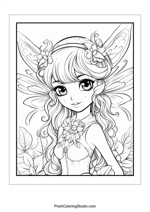 A fairy with a jeweled bodice and flowing gown.