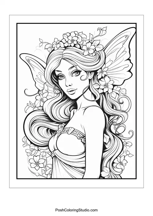A fairy with a flowing dress and floral accents.