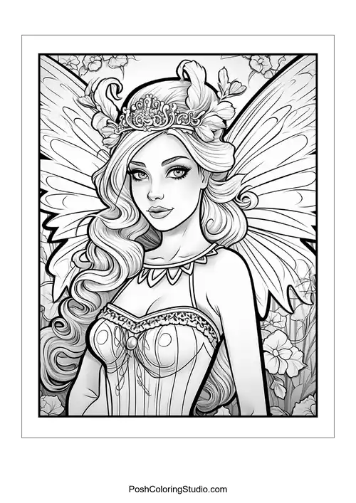 A fairy with a crown and a bouquet of flowers.