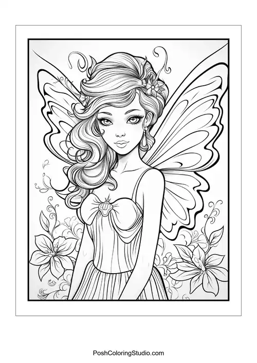 A fairy with long hair and a flowing gown.