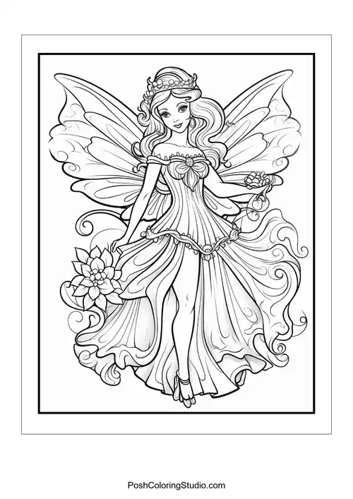 A fairy with a playful pose and floral decorations.