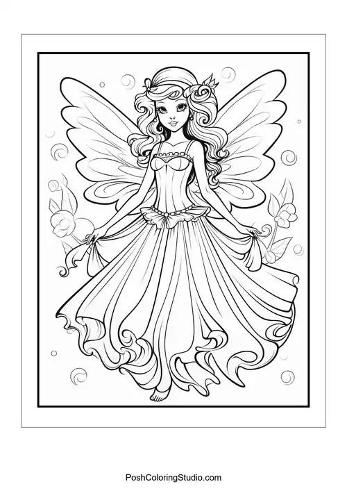 A fairy with a flowing gown and butterfly wings.
