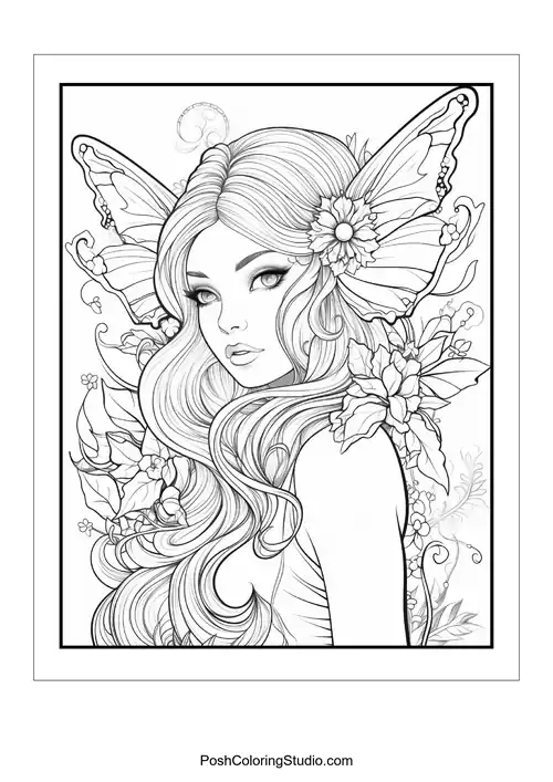 A fairy with a crown and a flowing dress.