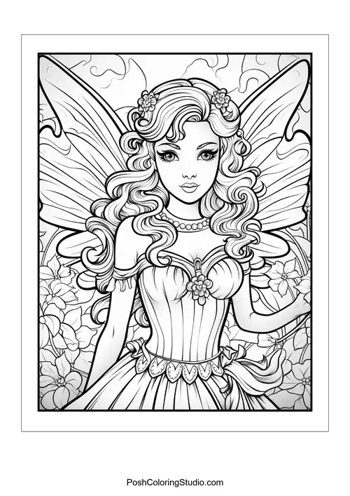 A fairy with a gentle smile and floral decorations.