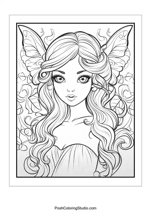 A fairy with long hair and a floral crown.