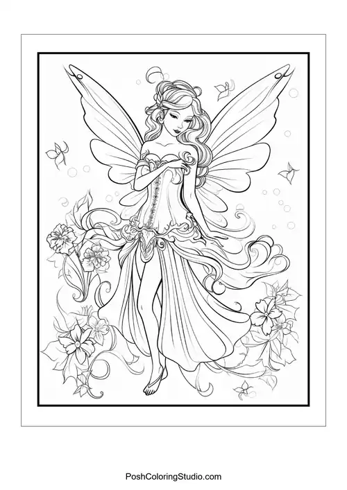 A fairy with a flowing dress and butterfly wings.