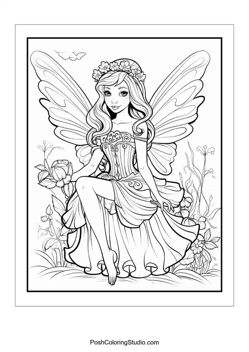 A fairy with a crown and a bouquet of flowers.