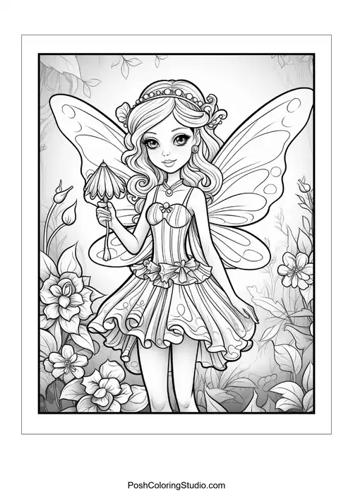 A fairy with a playful pose and floral decorations.