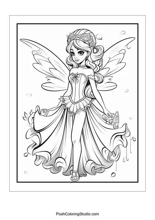 A fairy with long hair and a flowing gown.