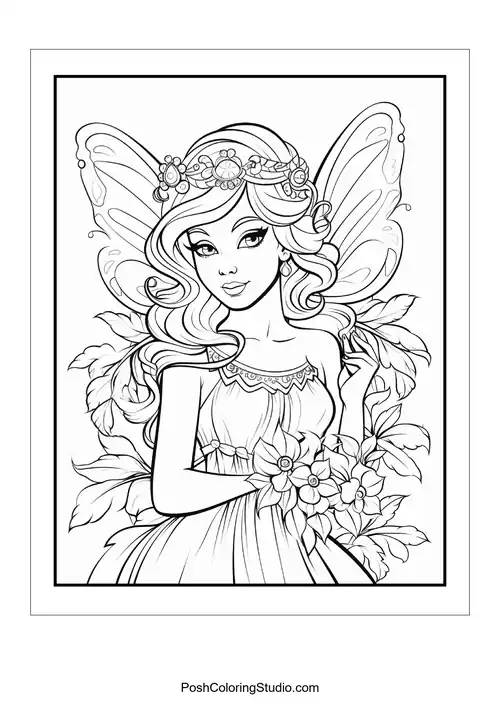 A fairy with a gentle smile and floral decorations.