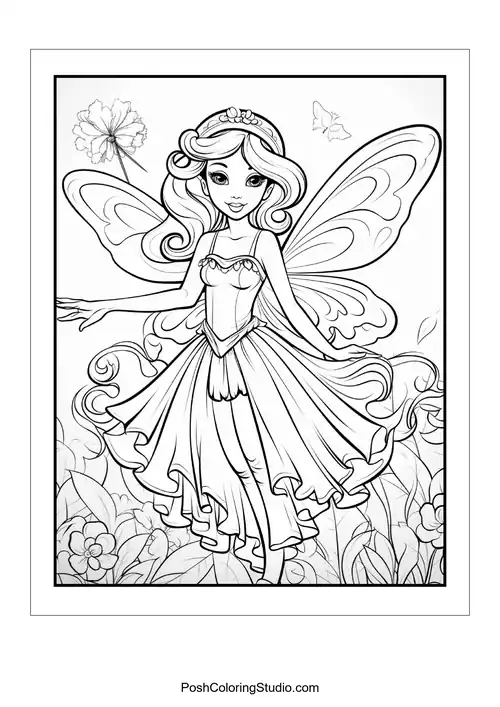 A fairy with long hair and a floral crown.