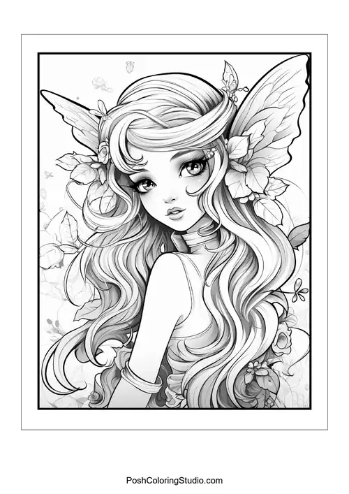 A fairy with long hair and butterfly wings adorned with flowers.
