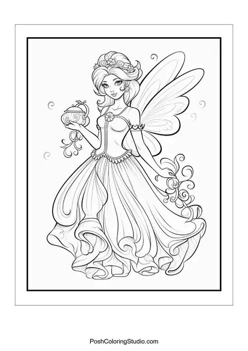 A fairy with a flowing gown and floral accents.