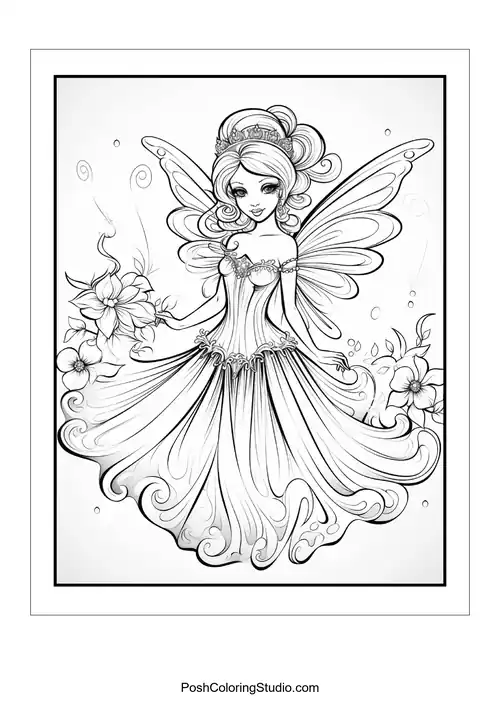 A fairy with a playful pose and floral decorations.