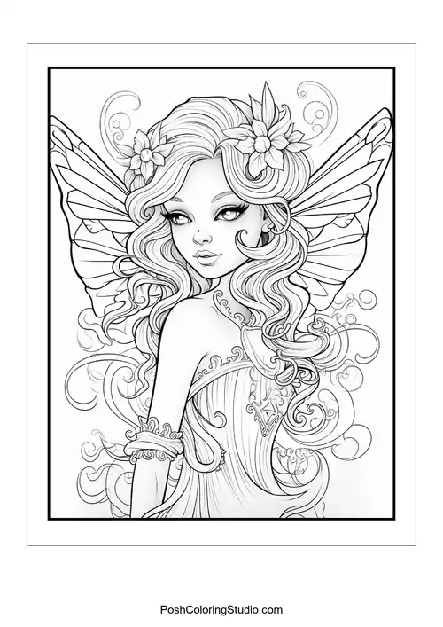 A fairy with long hair and a flowing gown.
