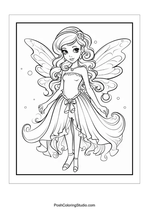 A fairy with a crown and a flowing dress.