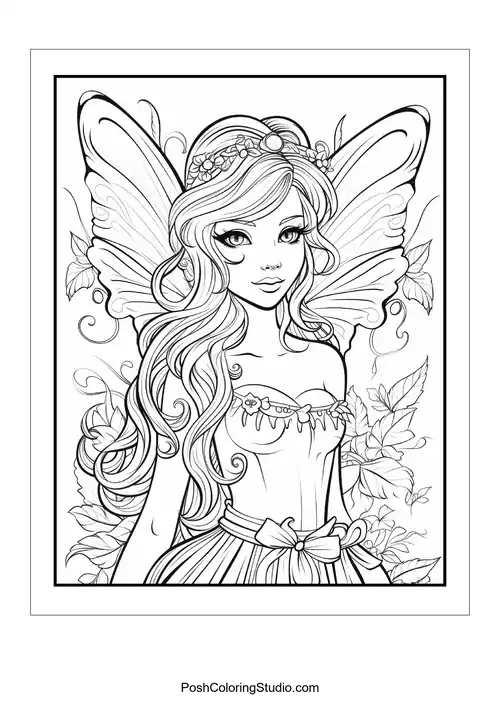 A fairy with a gentle smile and floral decorations.