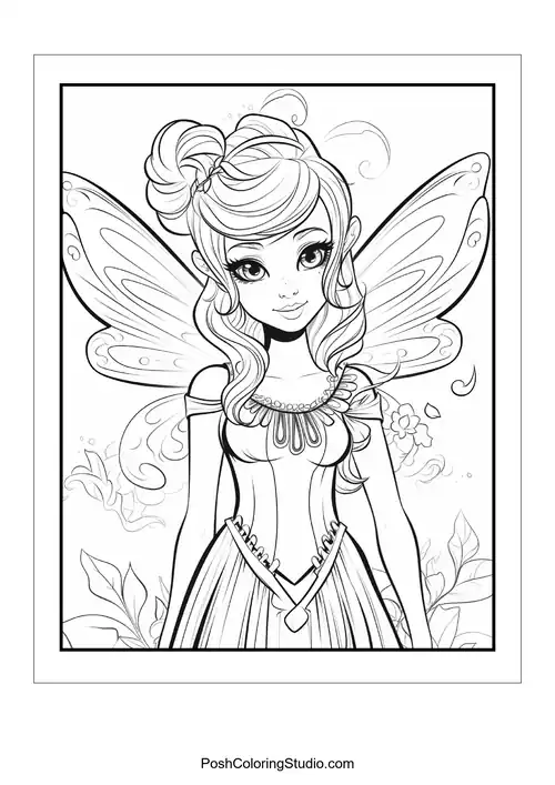 A fairy with long hair and a floral crown.