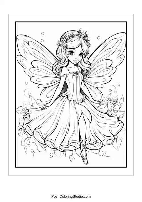 A fairy with a flowing dress and butterfly wings.