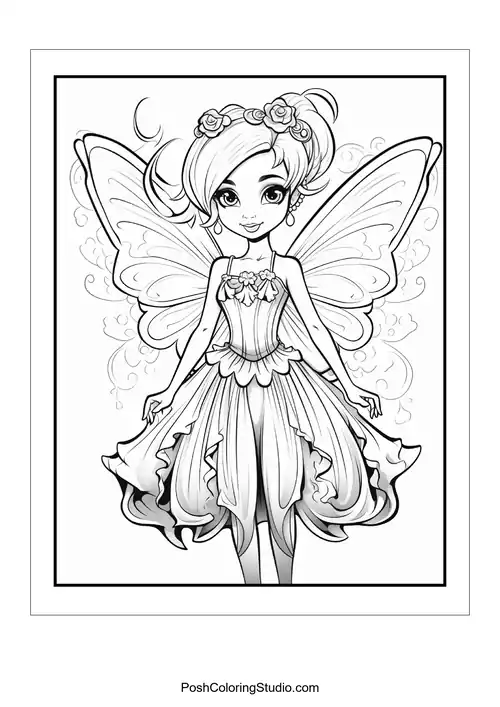 A fairy with a crown and a bouquet of flowers.
