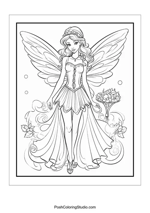 A fairy in a flowing dress with a jeweled bodice.