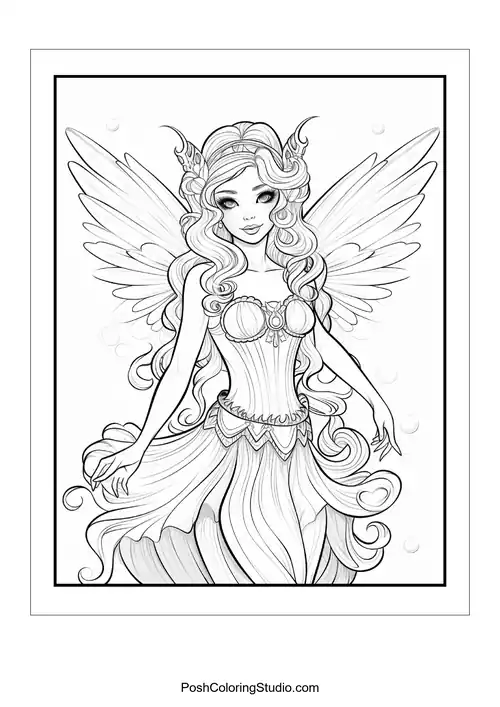 A fairy with a flowing gown and floral accents.
