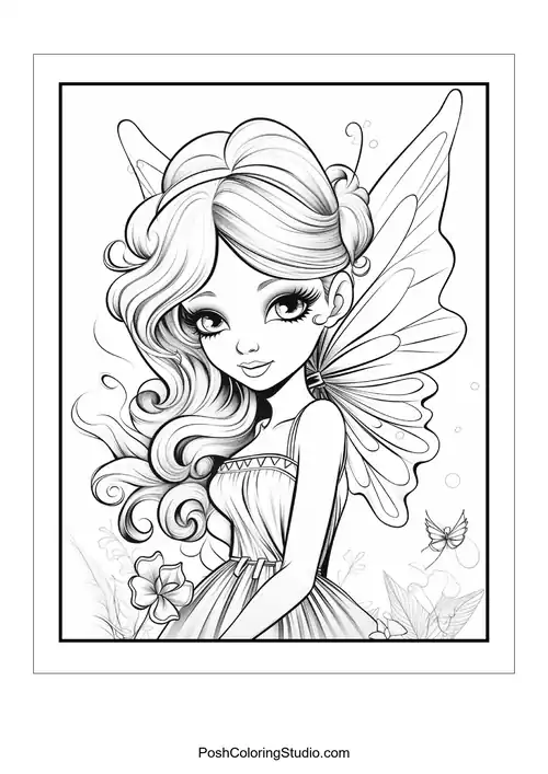A fairy with a playful pose and floral decorations.