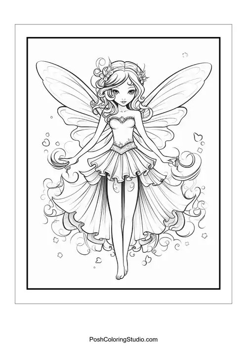 A fairy with long hair and a flowing gown.