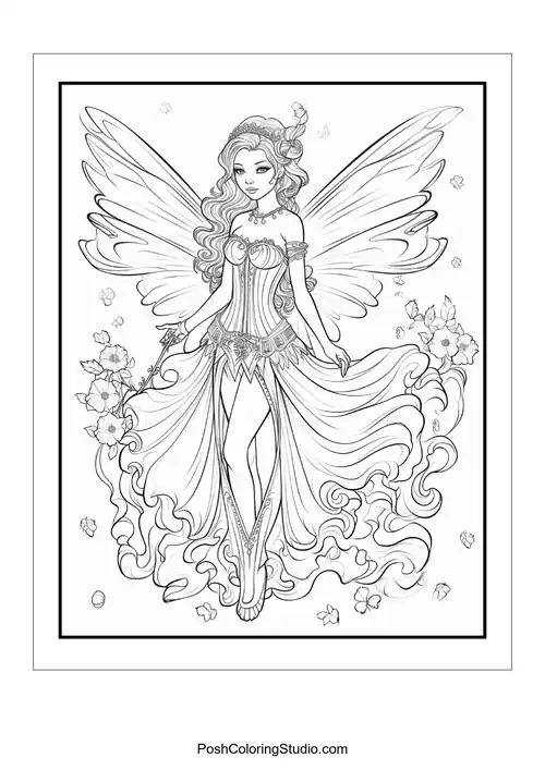 A fairy with a crown and a flowing dress.