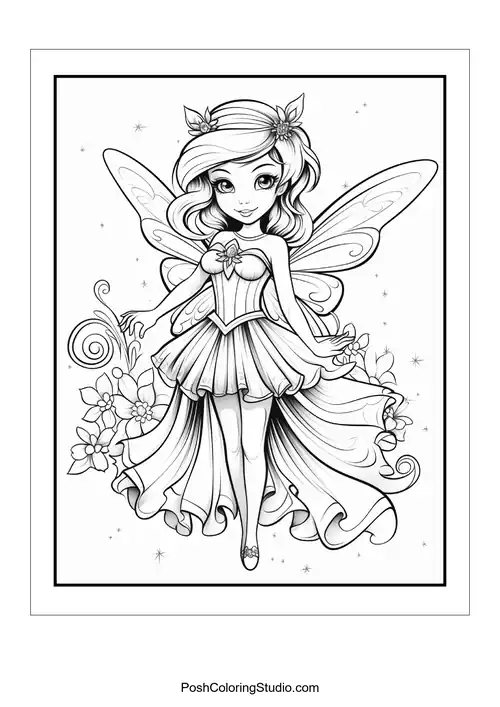 A fairy with a gentle smile and floral decorations.