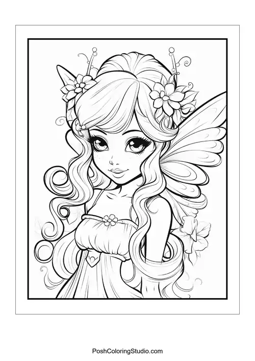 A fairy with long hair and a floral crown.