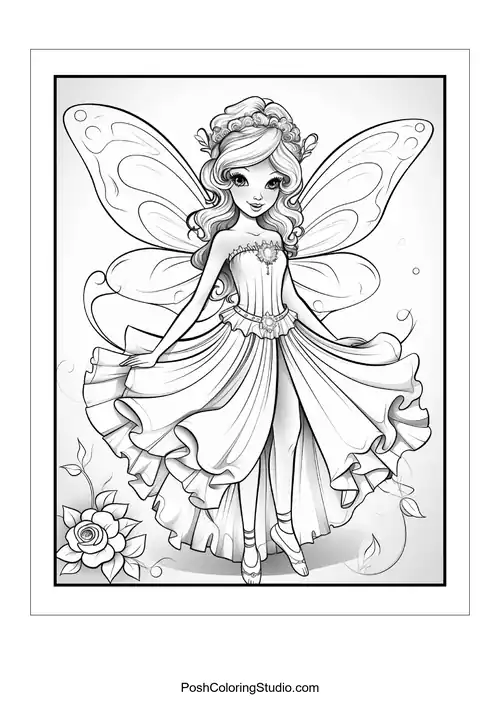 A fairy with a crown and a bouquet of flowers.