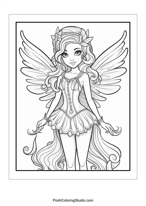 A fairy with a flowing gown and floral accents.