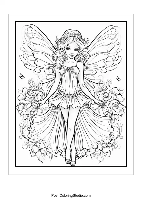 A fairy with a playful pose and floral decorations.