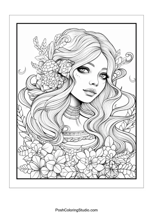A fairy with long hair and a floral background.