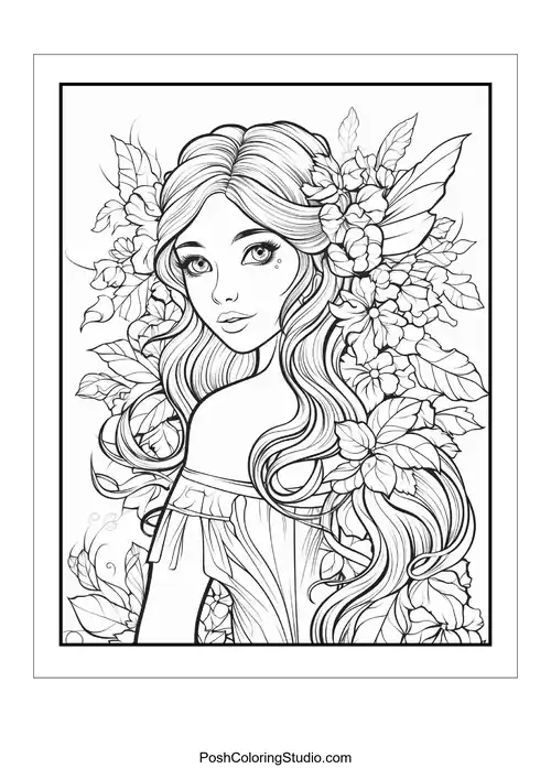 A fairy with long hair surrounded by flowers and leaves.