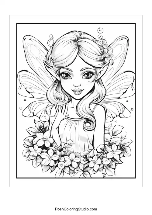 A fairy with a gentle smile and flower decorations.