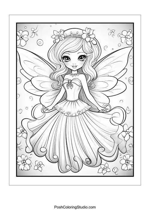 A fairy in a flowing gown with a playful pose.
