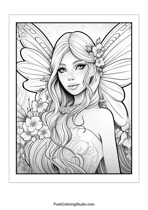 A fairy with long hair and a floral crown.
