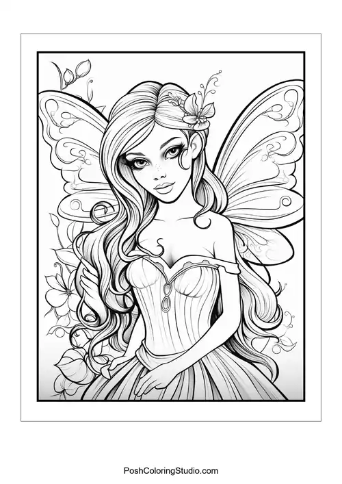 A fairy with a flowing dress and butterfly wings.