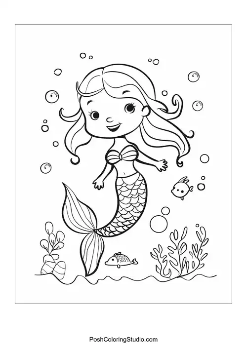 A smiling mermaid surrounded by bubbles and fish.