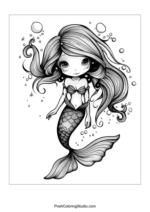 A mermaid with a decorative tail and underwater scenery.