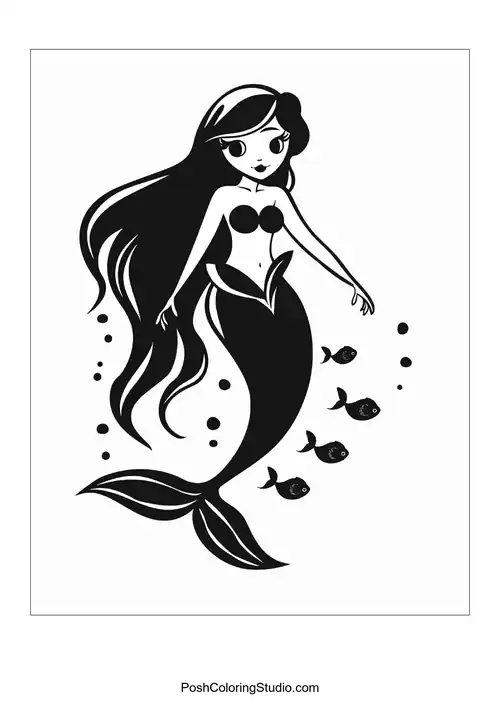 A mermaid with a serene expression and flowing hair.