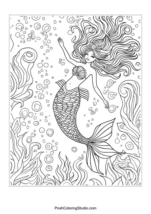A mermaid with a detailed tail swimming among fish.