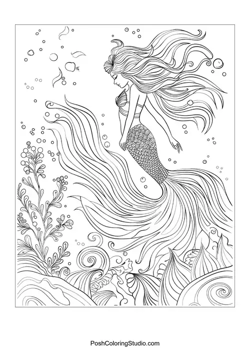 A mermaid with flowing hair and a decorative tail.