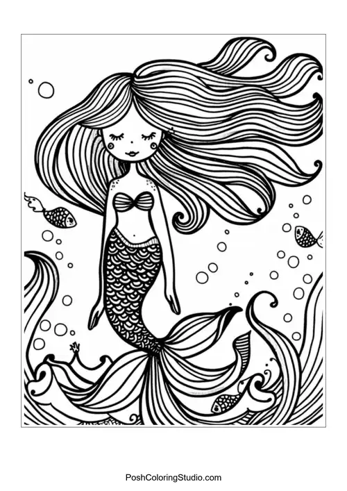 A mermaid surrounded by bubbles and aquatic plants.