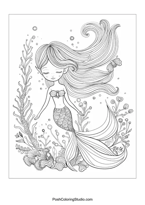 A whimsical mermaid with a detailed tail and bubbles.