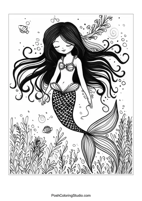 A mermaid surrounded by seaweed and bubbles.