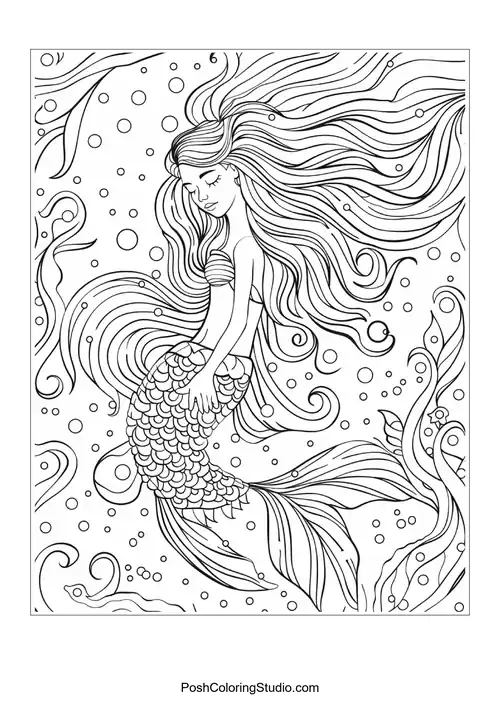 A mermaid with a serene expression and flowing hair.